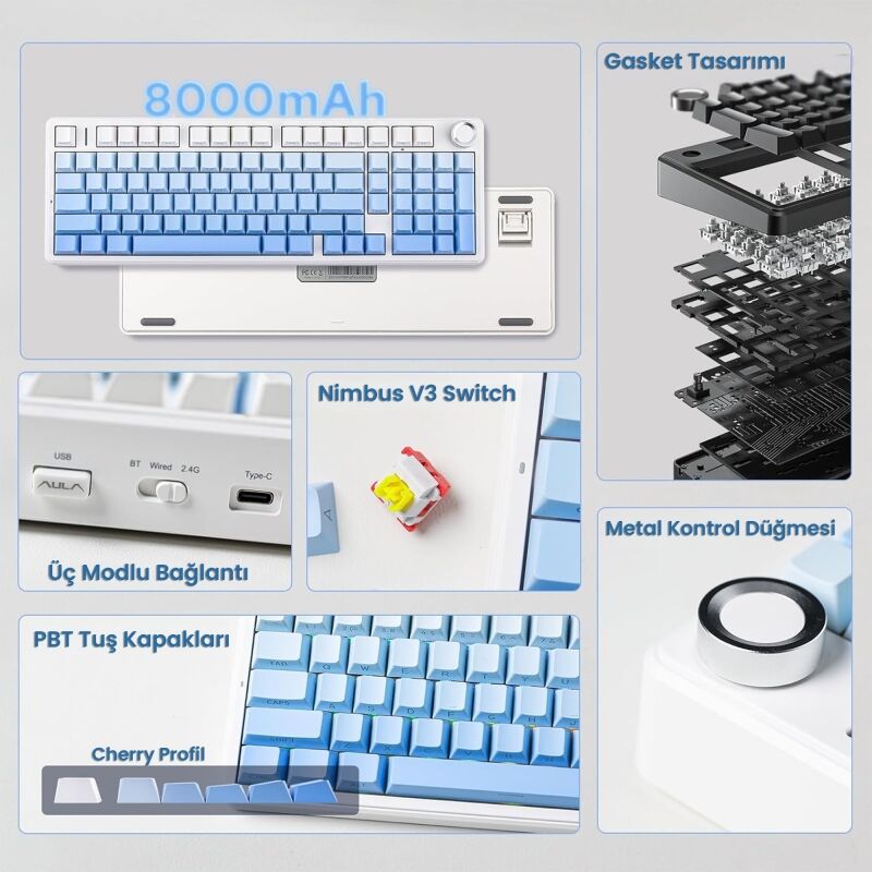 Aula F99 Pro 3 Modlu RGB Hot Swap Mekanik Nimbus V3 Switch Kablosuz Makrolu Gaming Klavye Gradyan Mavi - 2