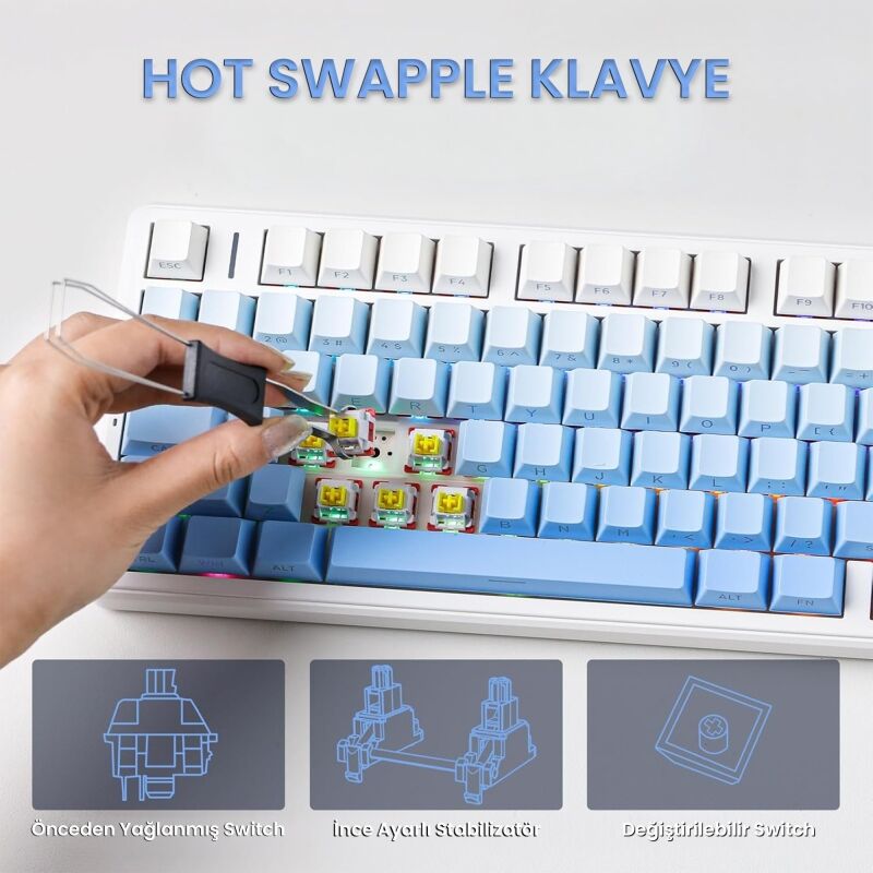 Aula F99 Pro 3 Modlu RGB Hot Swap Mekanik Nimbus V3 Switch Kablosuz Makrolu Gaming Klavye Gradyan Mavi - 6