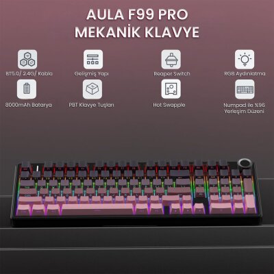 Aula F99 Pro 3 Modlu RGB Hot Swap Mekanik Reaper Switch Kablosuz Makrolu Gaming Klavye Gradyan Pembe - 3
