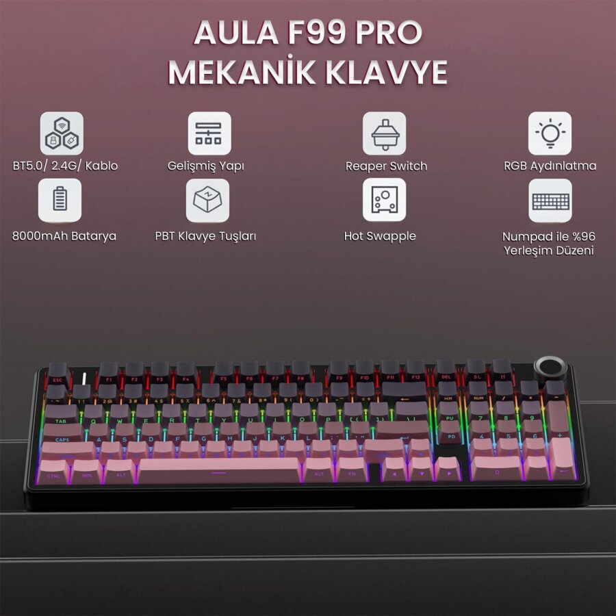 Aula F99 Pro 3 Modlu RGB Hot Swap Mekanik Reaper Switch Kablosuz Makrolu Gaming Klavye Gradyan Pembe - 3