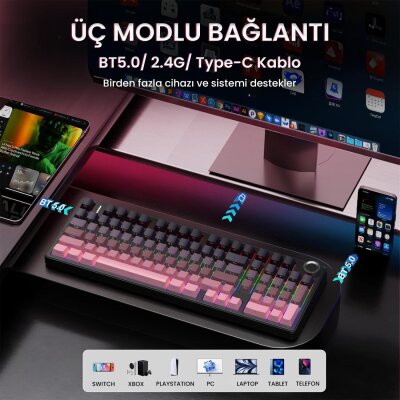 Aula F99 Pro 3 Modlu RGB Hot Swap Mekanik Reaper Switch Kablosuz Makrolu Gaming Klavye Gradyan Pembe - 4