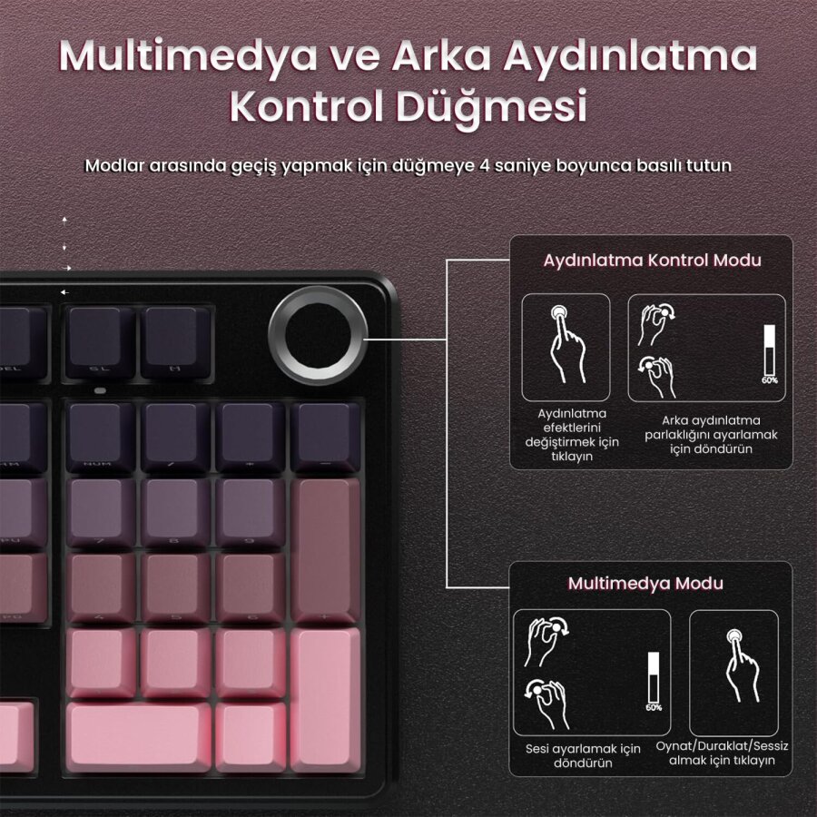 Aula F99 Pro 3 Modlu RGB Hot Swap Mekanik Reaper Switch Kablosuz Makrolu Gaming Klavye Gradyan Pembe - 6