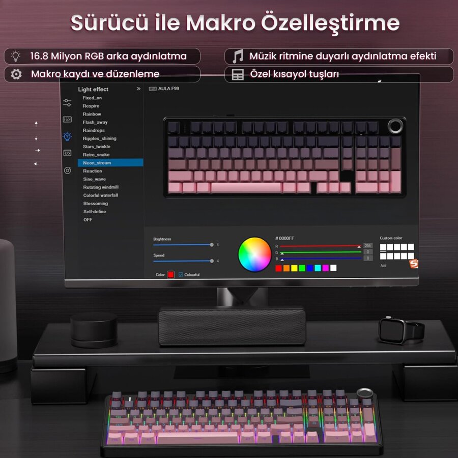 Aula F99 Pro 3 Modlu RGB Hot Swap Mekanik Reaper Switch Kablosuz Makrolu Gaming Klavye Gradyan Pembe - 7