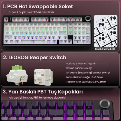 Aula F99 Pro 3 Modlu RGB Hot Swap Mekanik Reaper Switch Kablosuz Makrolu Gaming Klavye Gradyan Pembe - 9