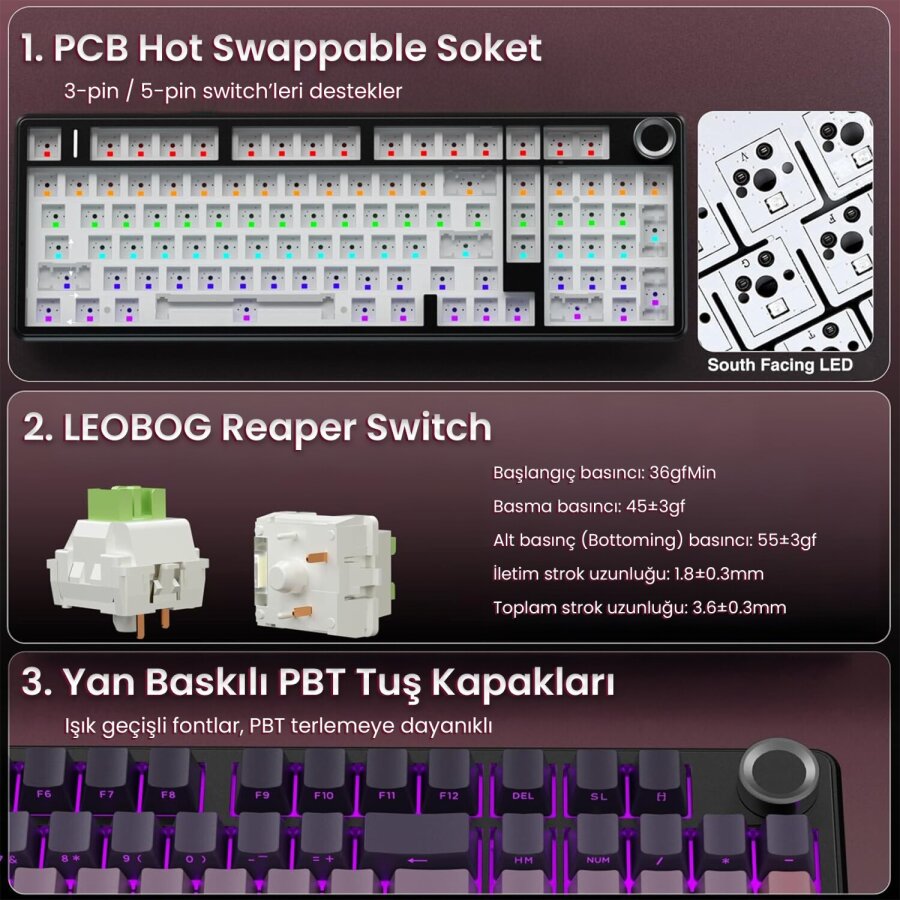 Aula F99 Pro 3 Modlu RGB Hot Swap Mekanik Reaper Switch Kablosuz Makrolu Gaming Klavye Gradyan Pembe - 9