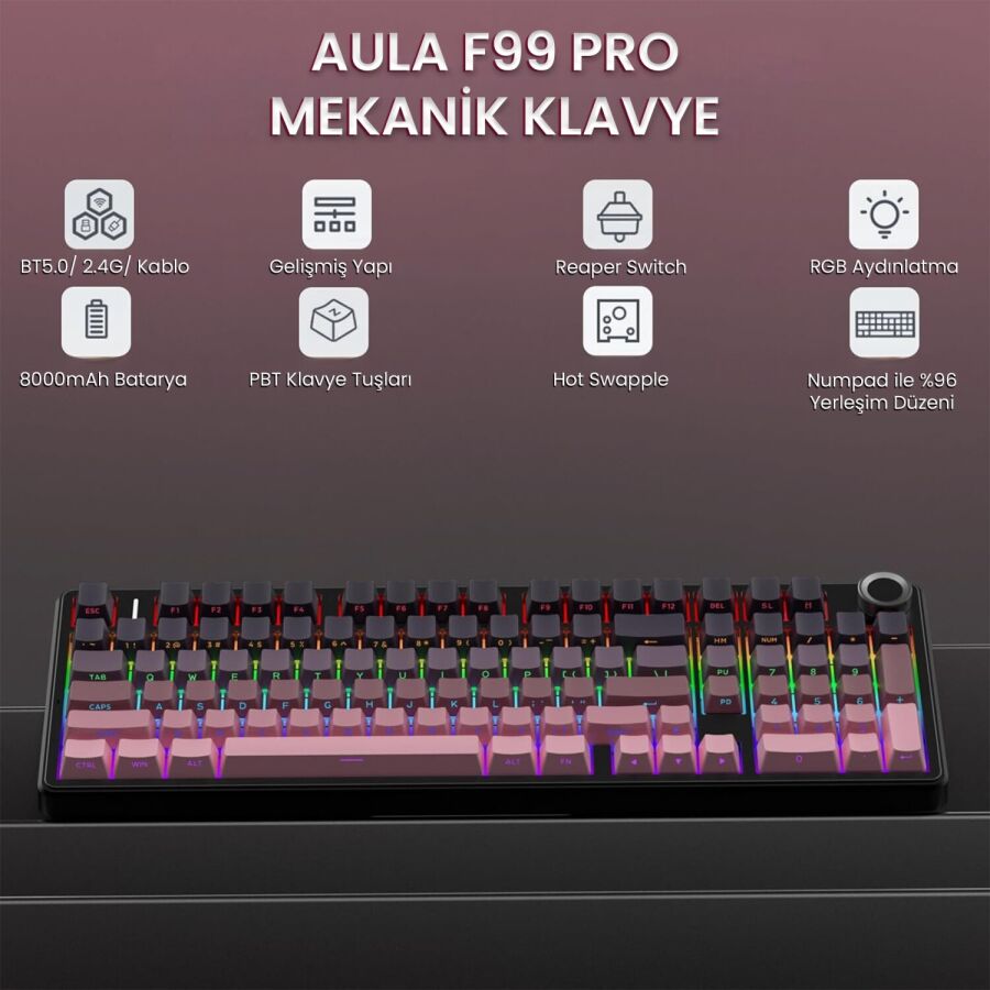 Aula F99 Pro 3 Modlu RGB Hot Swap Mekanik Reaper Switch Kablosuz Makrolu Gaming Klavye Gradyan Pembe - 4