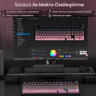 Aula F99 Pro 3 Modlu RGB Hot Swap Mekanik Reaper Switch Kablosuz Makrolu Gaming Klavye Gradyan Pembe - 8