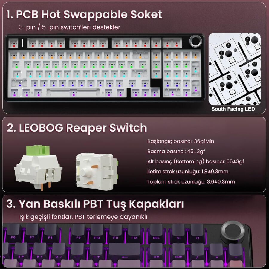 Aula F99 Pro 3 Modlu RGB Hot Swap Mekanik Reaper Switch Kablosuz Makrolu Gaming Klavye Gradyan Pembe - 10