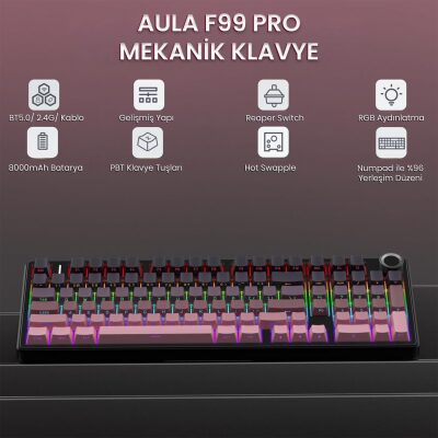 Aula F99 Pro 3 Modlu RGB Hot Swap Mekanik Reaper Switch Kablosuz Makrolu Gaming Klavye Gradyan Pembe - 4