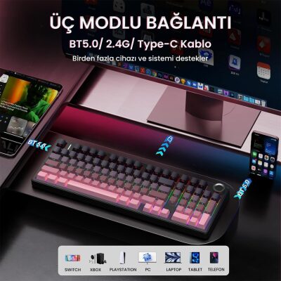 Aula F99 Pro 3 Modlu RGB Hot Swap Mekanik Reaper Switch Kablosuz Makrolu Gaming Klavye Gradyan Pembe - 5