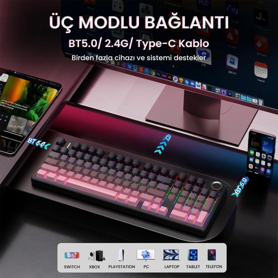 Aula F99 Pro 3 Modlu RGB Hot Swap Mekanik Reaper Switch Kablosuz Makrolu Gaming Klavye Gradyan Pembe - 5