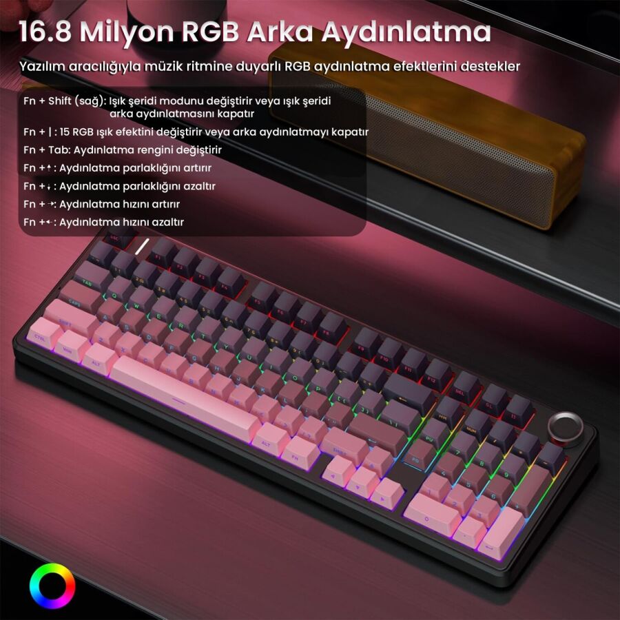 Aula F99 Pro 3 Modlu RGB Hot Swap Mekanik Reaper Switch Kablosuz Makrolu Gaming Klavye Gradyan Pembe - 6