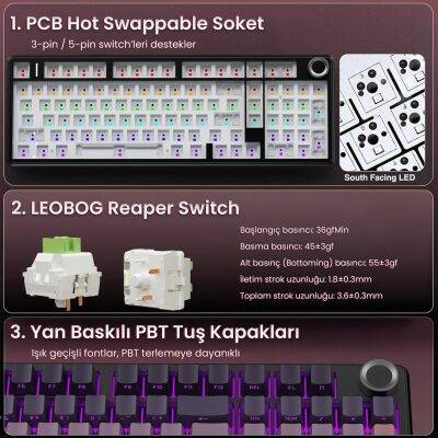 Aula F99 Pro 3 Modlu RGB Hot Swap Mekanik Reaper Switch Kablosuz Makrolu Gaming Klavye Gradyan Pembe - 10