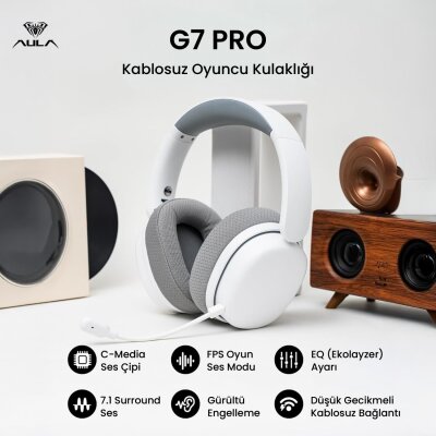 Aula G7 PRO Tri Mode Kablosuz RGB Gaming Mikrofonlu Oyuncu Kulaklığı 7.1 Surround Ses 40mm Driver Düşük Gecikme E-Spor Kulaklık Beyaz - 2
