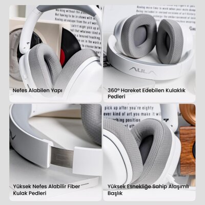 Aula G7 PRO Tri Mode Kablosuz RGB Gaming Mikrofonlu Oyuncu Kulaklığı 7.1 Surround Ses 40mm Driver Düşük Gecikme E-Spor Kulaklık Beyaz - 4