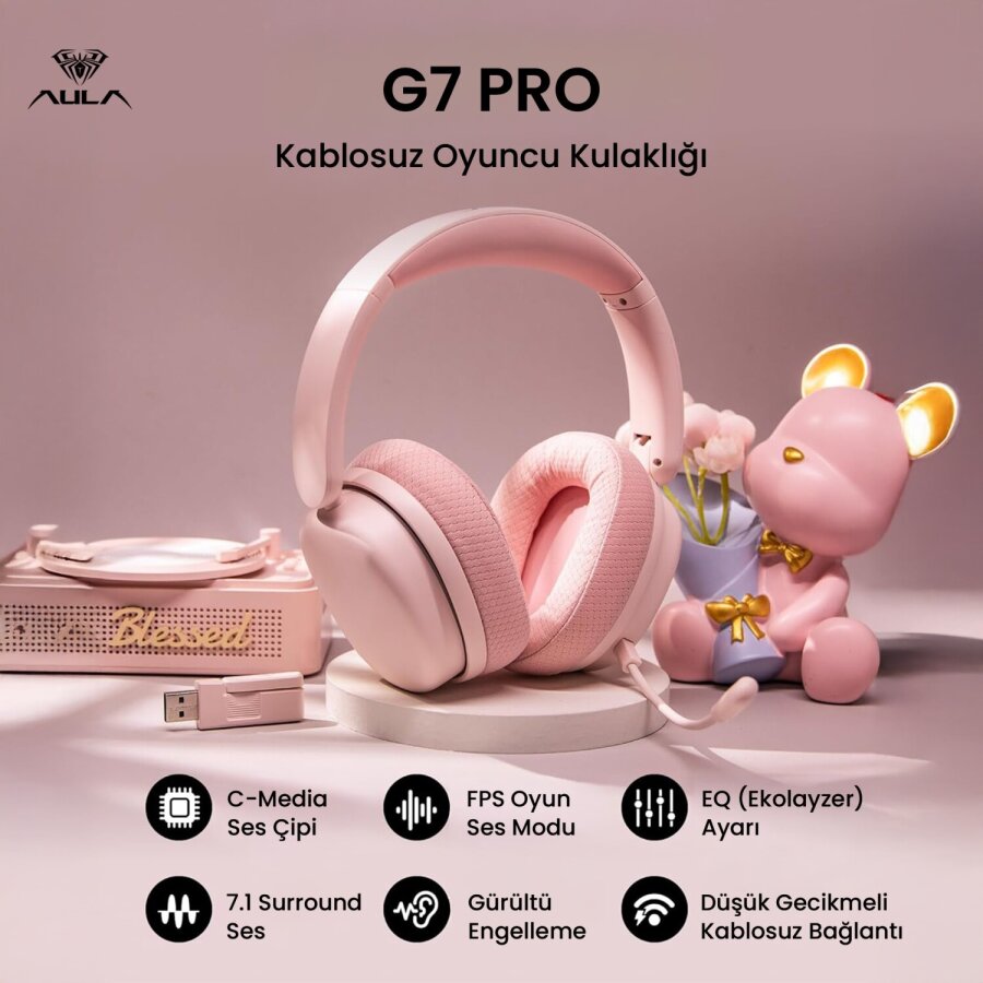 Aula G7 PRO Tri Mode Kablosuz RGB Gaming Mikrofonlu Oyuncu Kulaklığı 7.1 Surround Ses 40mm Driver Düşük Gecikme E-Spor Kulaklık Pembe - 2