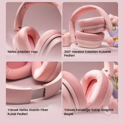 Aula G7 PRO Tri Mode Kablosuz RGB Gaming Mikrofonlu Oyuncu Kulaklığı 7.1 Surround Ses 40mm Driver Düşük Gecikme E-Spor Kulaklık Pembe - 4