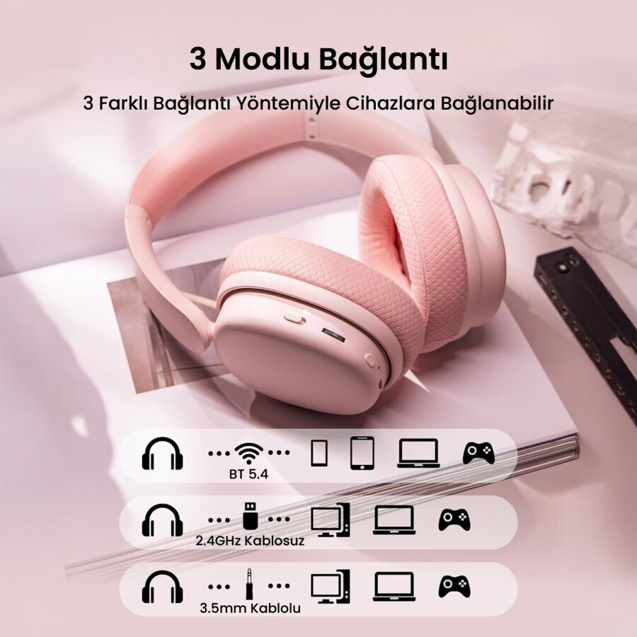 Aula G7 PRO Tri Mode Kablosuz RGB Gaming Mikrofonlu Oyuncu Kulaklığı 7.1 Surround Ses 40mm Driver Düşük Gecikme E-Spor Kulaklık Pembe - 8