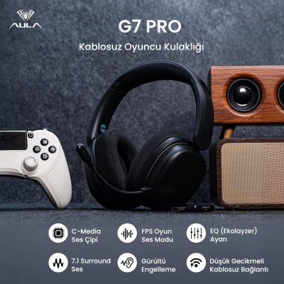 Aula G7 PRO Tri Mode Kablosuz RGB Gaming Mikrofonlu Oyuncu Kulaklığı 7.1 Surround Ses 40mm Driver Düşük Gecikme E-Spor Kulaklık Siyah - 2