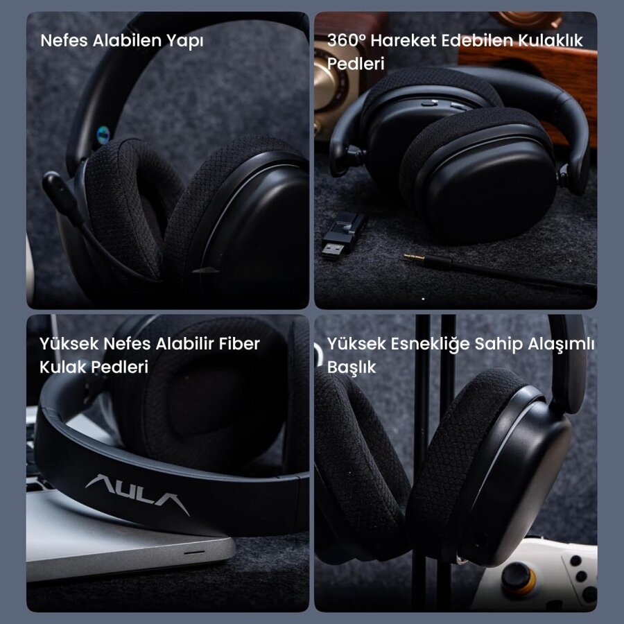 Aula G7 PRO Tri Mode Kablosuz RGB Gaming Mikrofonlu Oyuncu Kulaklığı 7.1 Surround Ses 40mm Driver Düşük Gecikme E-Spor Kulaklık Siyah - 4