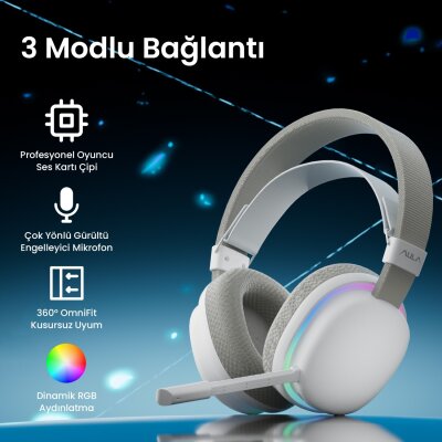Aula G7 Tri Mode Kablosuz RGB Gaming 40mm Driver Gürültü Engelleyici Mikrofonlu E-Spor Oyuncu Kulaklığı Beyaz - 2
