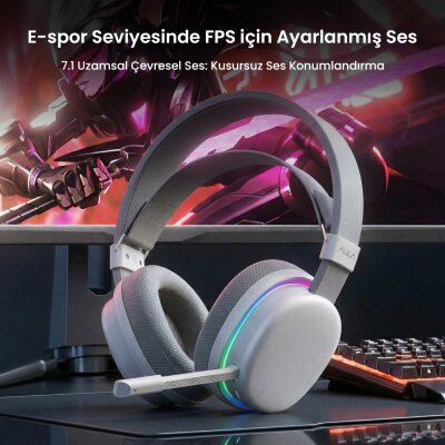 Aula G7 Tri Mode Kablosuz RGB Gaming 40mm Driver Gürültü Engelleyici Mikrofonlu E-Spor Oyuncu Kulaklığı Beyaz - 3