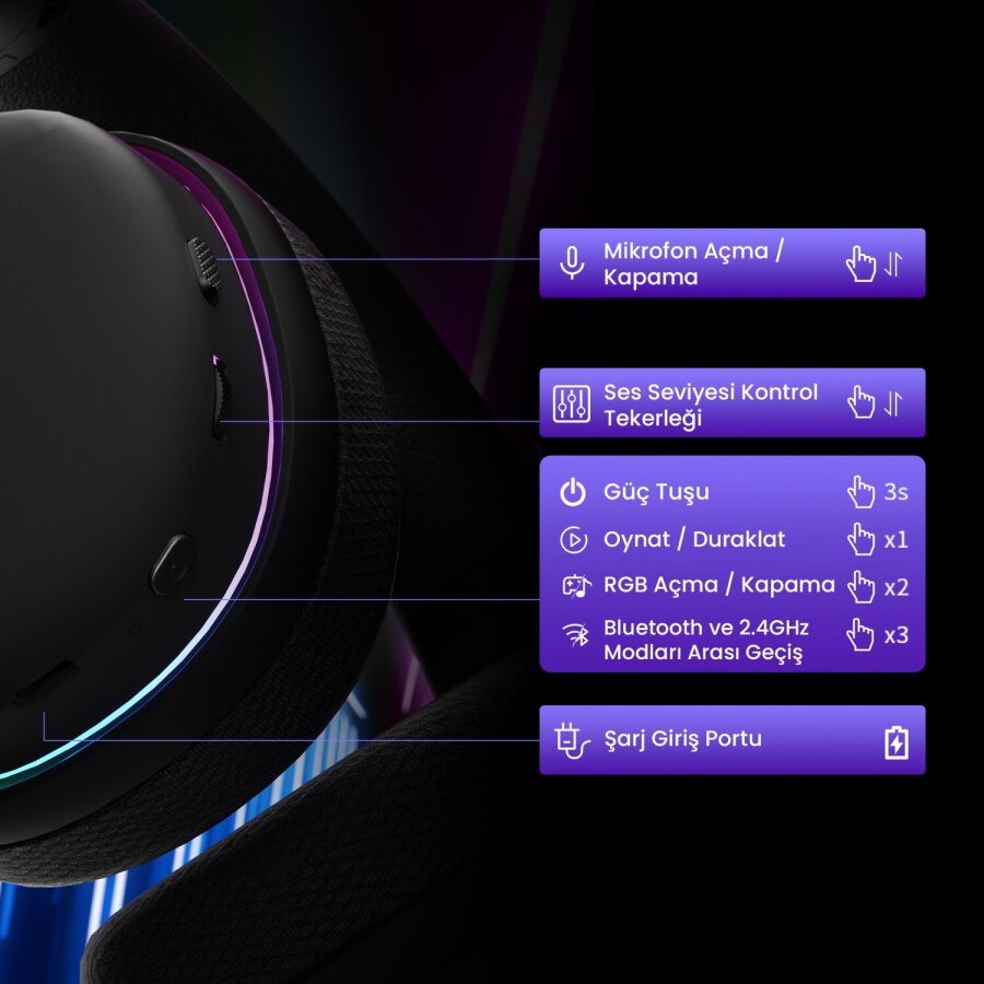 Aula G7 Tri Mode Kablosuz RGB Gaming 40mm Driver Gürültü Engelleyici Mikrofonlu E-Spor Oyuncu Kulaklığı Beyaz - 6