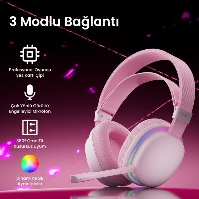 Aula G7 Tri Mode Kablosuz RGB Gaming 40mm Driver Gürültü Engelleyici Mikrofonlu E-Spor Oyuncu Kulaklığı Pembe - 2