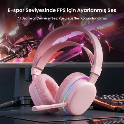 Aula G7 Tri Mode Kablosuz RGB Gaming 40mm Driver Gürültü Engelleyici Mikrofonlu E-Spor Oyuncu Kulaklığı Pembe - 3