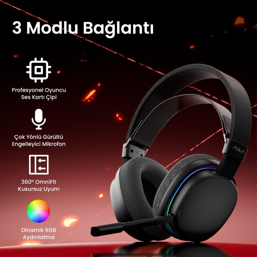 Aula G7 Tri Mode Kablosuz RGB Gaming 40mm Driver Gürültü Engelleyici Mikrofonlu E-Spor Oyuncu Kulaklığı Siyah - 2