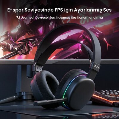Aula G7 Tri Mode Kablosuz RGB Gaming 40mm Driver Gürültü Engelleyici Mikrofonlu E-Spor Oyuncu Kulaklığı Siyah - 3