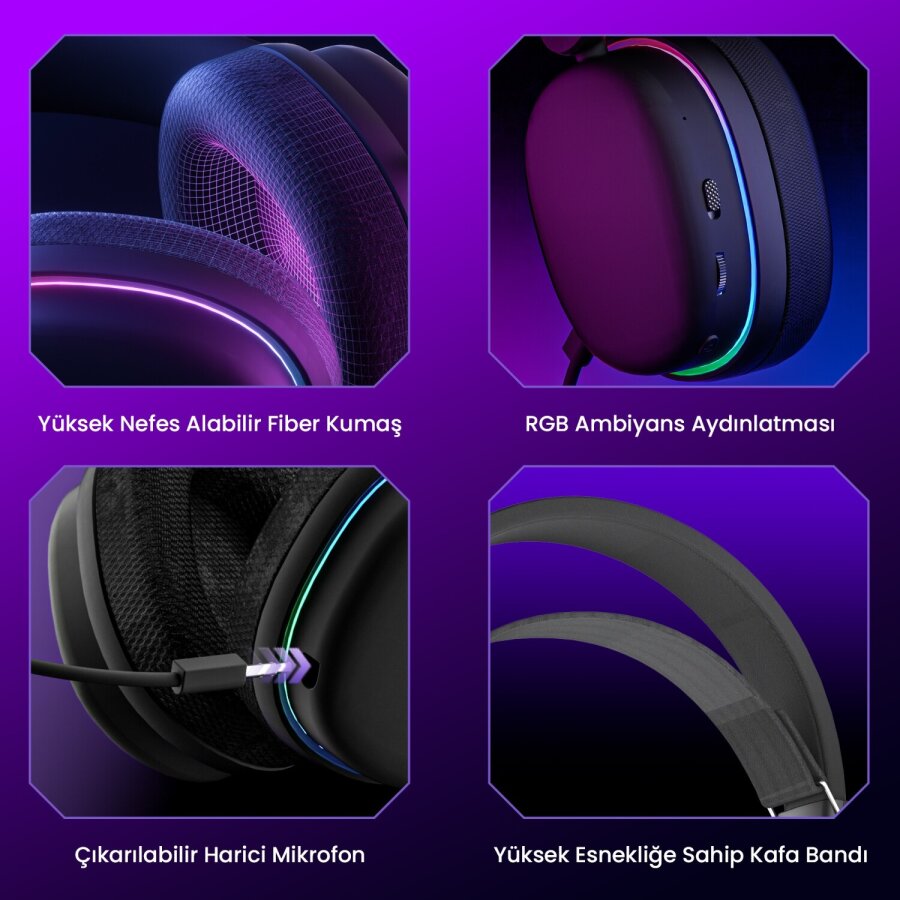Aula G7 Tri Mode Kablosuz RGB Gaming 40mm Driver Gürültü Engelleyici Mikrofonlu E-Spor Oyuncu Kulaklığı Siyah - 4