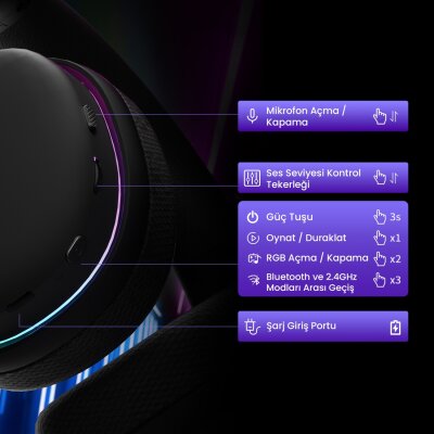 Aula G7 Tri Mode Kablosuz RGB Gaming 40mm Driver Gürültü Engelleyici Mikrofonlu E-Spor Oyuncu Kulaklığı Siyah - 6