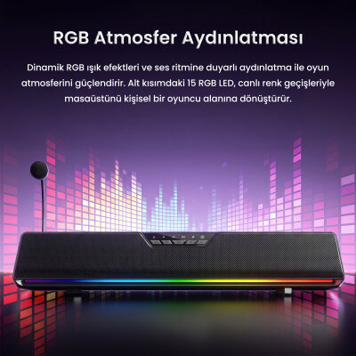 Aula GS6 PRO 10W RGB Bluetooth USB Kablolu Soundbar Hoparlör Player Özellikli Oyuncu Speaker Gaming Siyah - 6