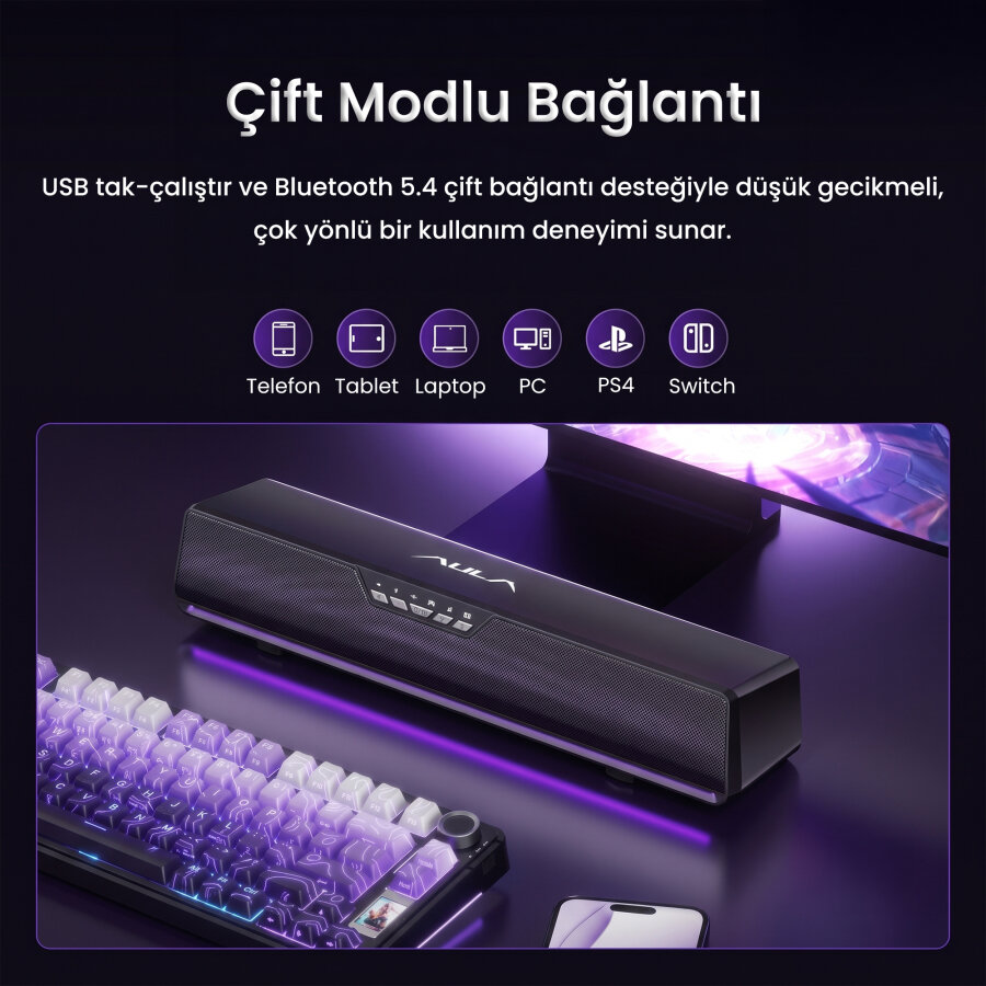 Aula GS6 PRO 10W RGB Bluetooth USB Kablolu Soundbar Hoparlör Player Özellikli Oyuncu Speaker Gaming Siyah - 7