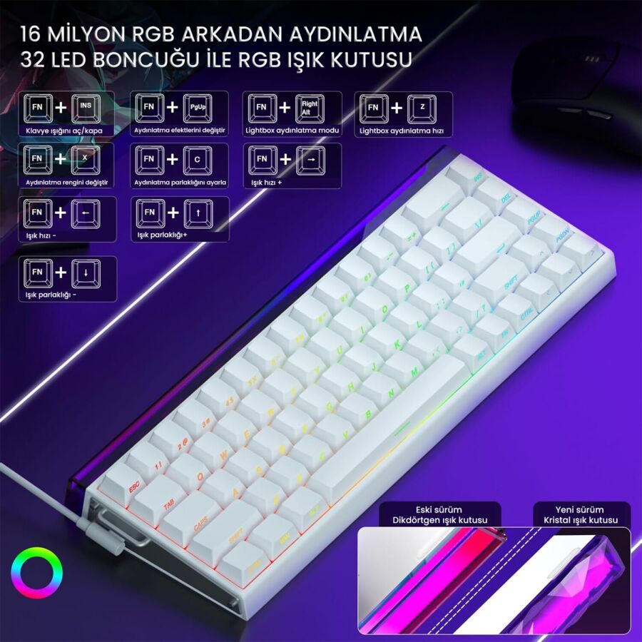 Aula Hero 68 HE Manyetik Klavye Rapid Trigger Black King Switch 8000Hz RGB Neon TKL Hot Swap Oyuncu Klavyesi Beyaz - 4