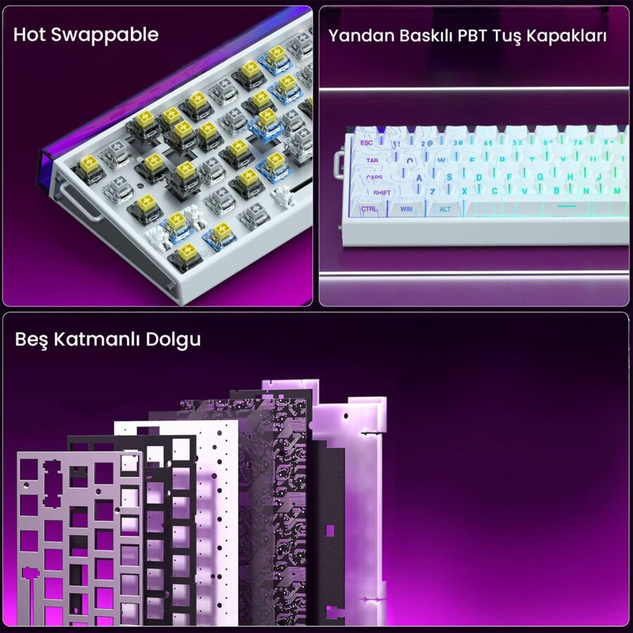 Aula Hero 68 HE Manyetik Klavye Rapid Trigger Black King Switch 8000Hz RGB Neon TKL Hot Swap Oyuncu Klavyesi Desenli Beyaz - 7