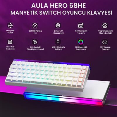 Aula Hero 68 HE Manyetik Klavye Rapid Trigger Black King Switch 8000Hz RGB Neon TKL Hot Swap Oyuncu Klavyesi Desenli Beyaz - 3