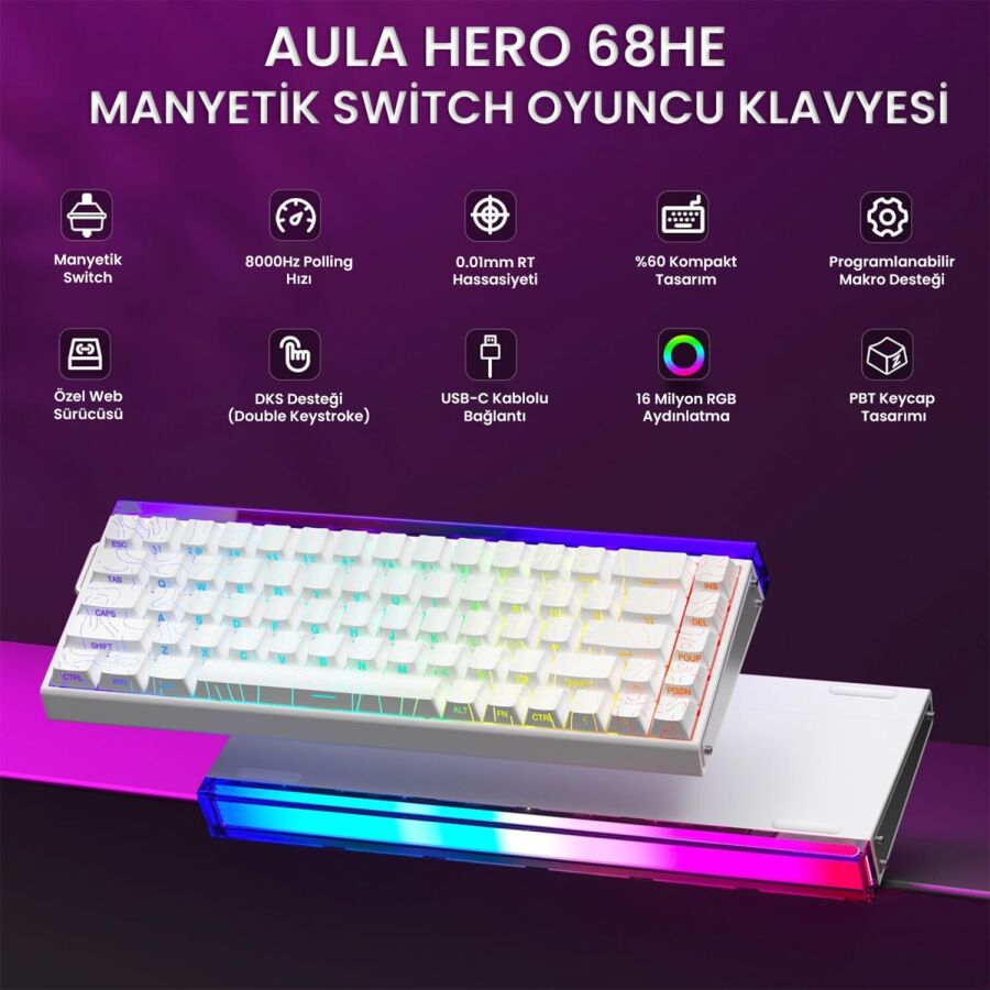 Aula Hero 68 HE Manyetik Klavye Rapid Trigger Black King Switch 8000Hz RGB Neon TKL Hot Swap Oyuncu Klavyesi Desenli Beyaz - 3