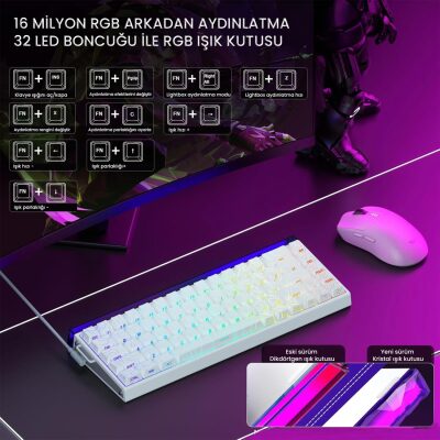 Aula Hero 68 HE Manyetik Klavye Rapid Trigger Black King Switch 8000Hz RGB Neon TKL Hot Swap Oyuncu Klavyesi Desenli Beyaz - 4