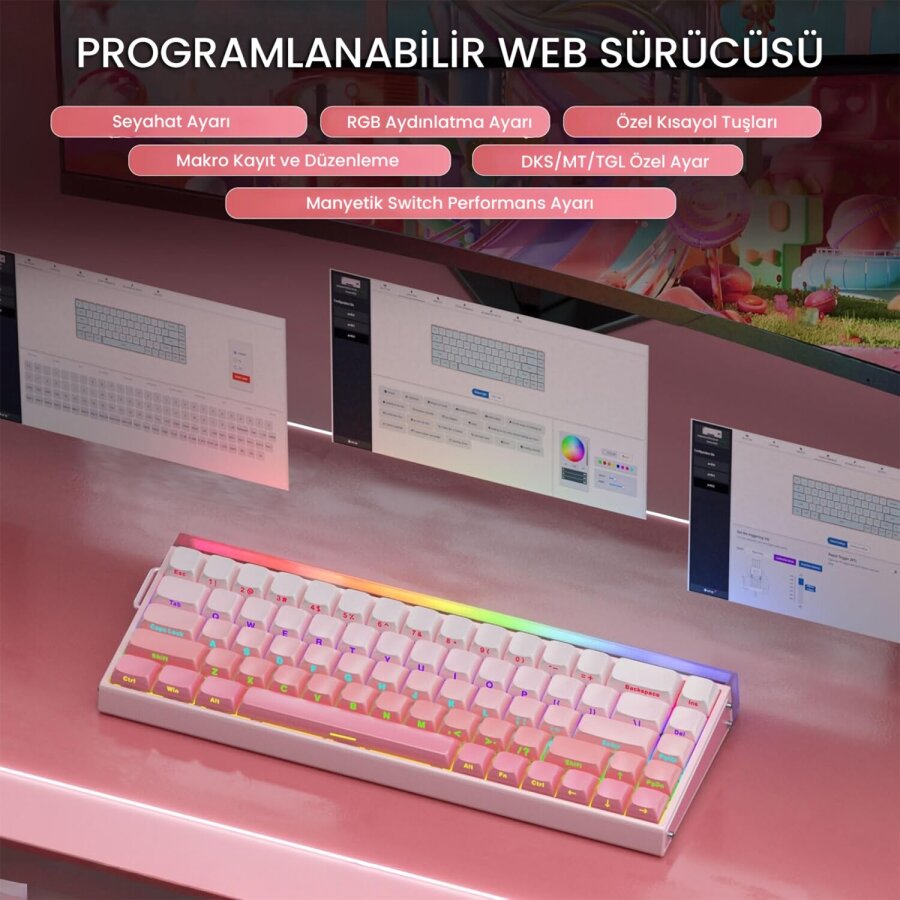 Aula Hero 68 HE Manyetik Klavye Rapid Trigger Black King Switch 8000Hz RGB Neon TKL Hot Swap Oyuncu Klavyesi Pembe - 6