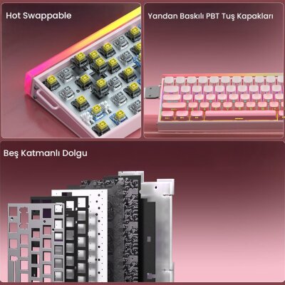 Aula Hero 68 HE Manyetik Klavye Rapid Trigger Black King Switch 8000Hz RGB Neon TKL Hot Swap Oyuncu Klavyesi Pembe - 7