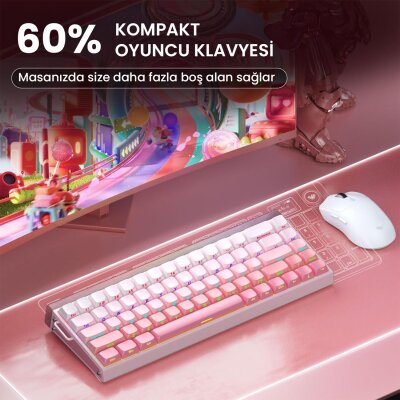 Aula Hero 68 HE Manyetik Klavye Rapid Trigger Black King Switch 8000Hz RGB Neon TKL Hot Swap Oyuncu Klavyesi Pembe - 8