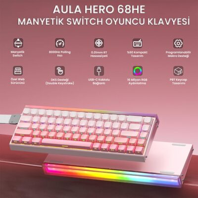 Aula Hero 68 HE Manyetik Klavye Rapid Trigger Black King Switch 8000Hz RGB Neon TKL Hot Swap Oyuncu Klavyesi Pembe - 3