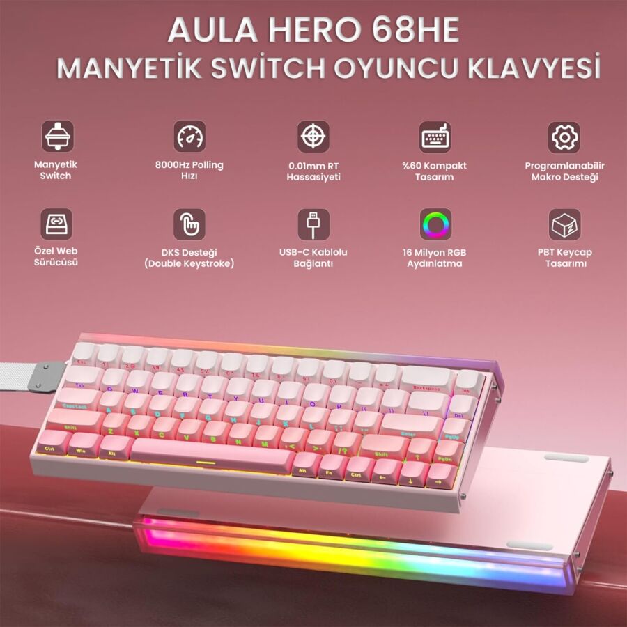 Aula Hero 68 HE Manyetik Klavye Rapid Trigger Black King Switch 8000Hz RGB Neon TKL Hot Swap Oyuncu Klavyesi Pembe - 3