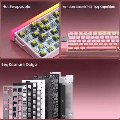 Aula Hero 68 HE Manyetik Klavye Rapid Trigger Black King Switch 8000Hz RGB Neon TKL Hot Swap Oyuncu Klavyesi Pembe - 7