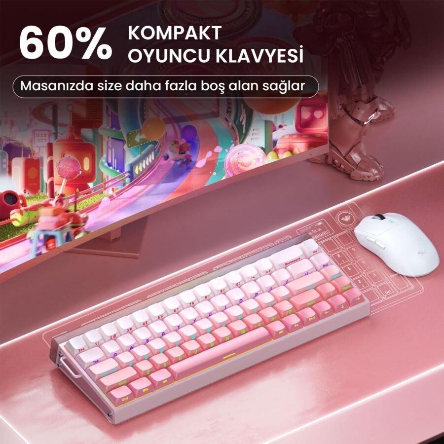 Aula Hero 68 HE Manyetik Klavye Rapid Trigger Black King Switch 8000Hz RGB Neon TKL Hot Swap Oyuncu Klavyesi Pembe - 8
