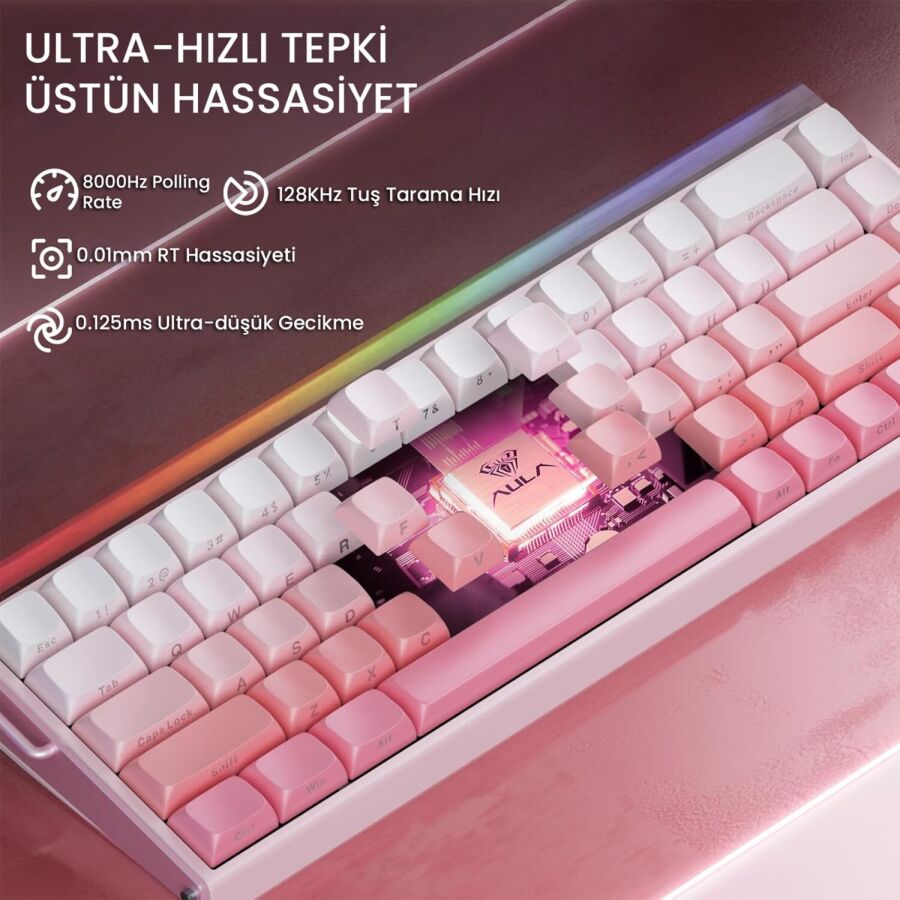 Aula Hero 68 HE Manyetik Klavye Rapid Trigger Black King Switch 8000Hz RGB Neon TKL Hot Swap Oyuncu Klavyesi Pembe - 5