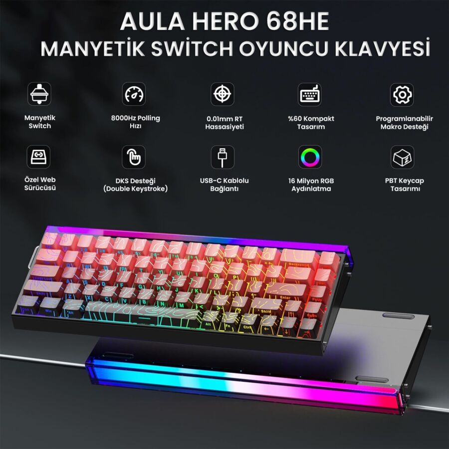 Aula Hero 68 HE Manyetik Klavye Rapid Trigger Dragon King Switch 8000Hz RGB Neon TKL Hot Swap Oyuncu Klavyesi Kırmızı - 3