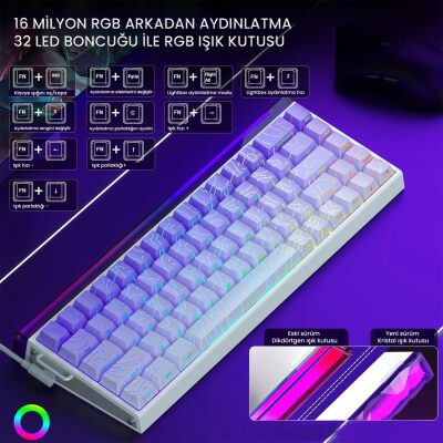 Aula Hero 68 HE Manyetik Klavye Rapid Trigger Dragon King Switch 8000Hz RGB Neon TKL Hot Swap Oyuncu Klavyesi Mor - 4
